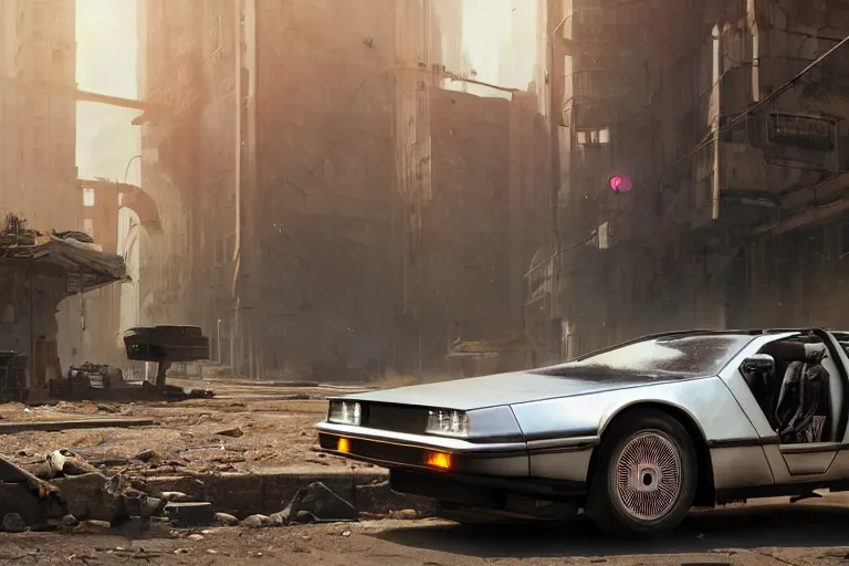 Image similar to highly detailed photorealistic rendering of a delorean parked on the streets of a cyberpunk abandoned city with the door open, futuristic post - apocalyptic vibe, by greg rutkowski and stanley artgerm and alphonse mucha, octane, sharp focus, hyperrealistic, unreal engine 5, vray, masterpiece