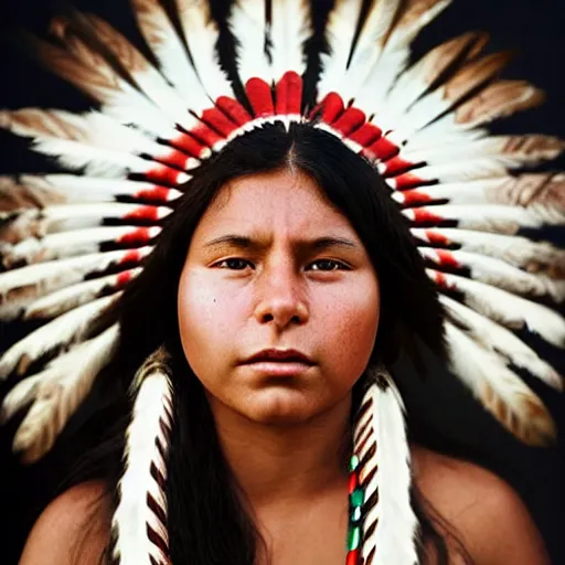 Image similar to award winning photo of a young native american woman in the style of martin schoeller