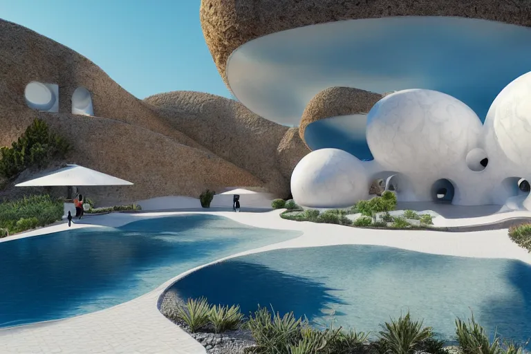 Image similar to palais bulles architecture is formed by the intersection of many white egg shaped spherical spaces. on the calm lake, people's perspective, future, interior wood, marble, award winning, highly detailed 4 - k art, dusk, unreal engine highly rendered, global illumination, radial light, internal environment