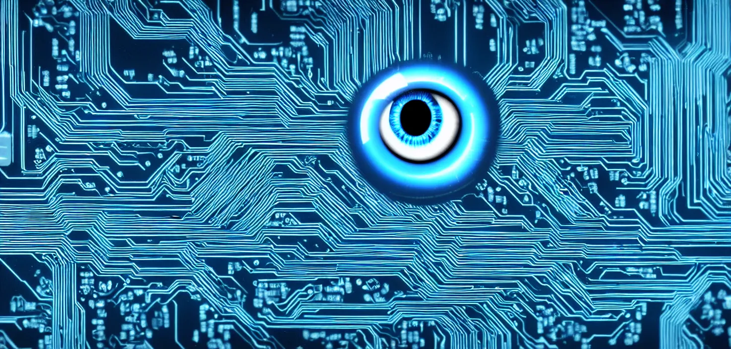 Image similar to a computer circuit board with a blue eye, a computer rendering by karl ballmer, pixabay contest winner, computer art, creative commons attribution, quantum wavetracing, future tech