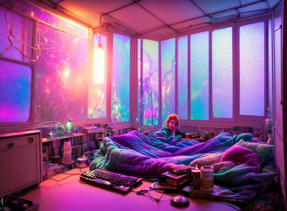 Image similar to telephoto 7 0 mm f / 2. 8 iso 2 0 0 photograph depicting the experience of dreamstate in a cosy cluttered french sci - fi ( art nouveau ) cyberpunk apartment in a pastel dreamstate art cinema style. ( iridescent terrarium, computer screens, window, leds, lamp, ( ( ( bed ) ) ) ), ambient light.