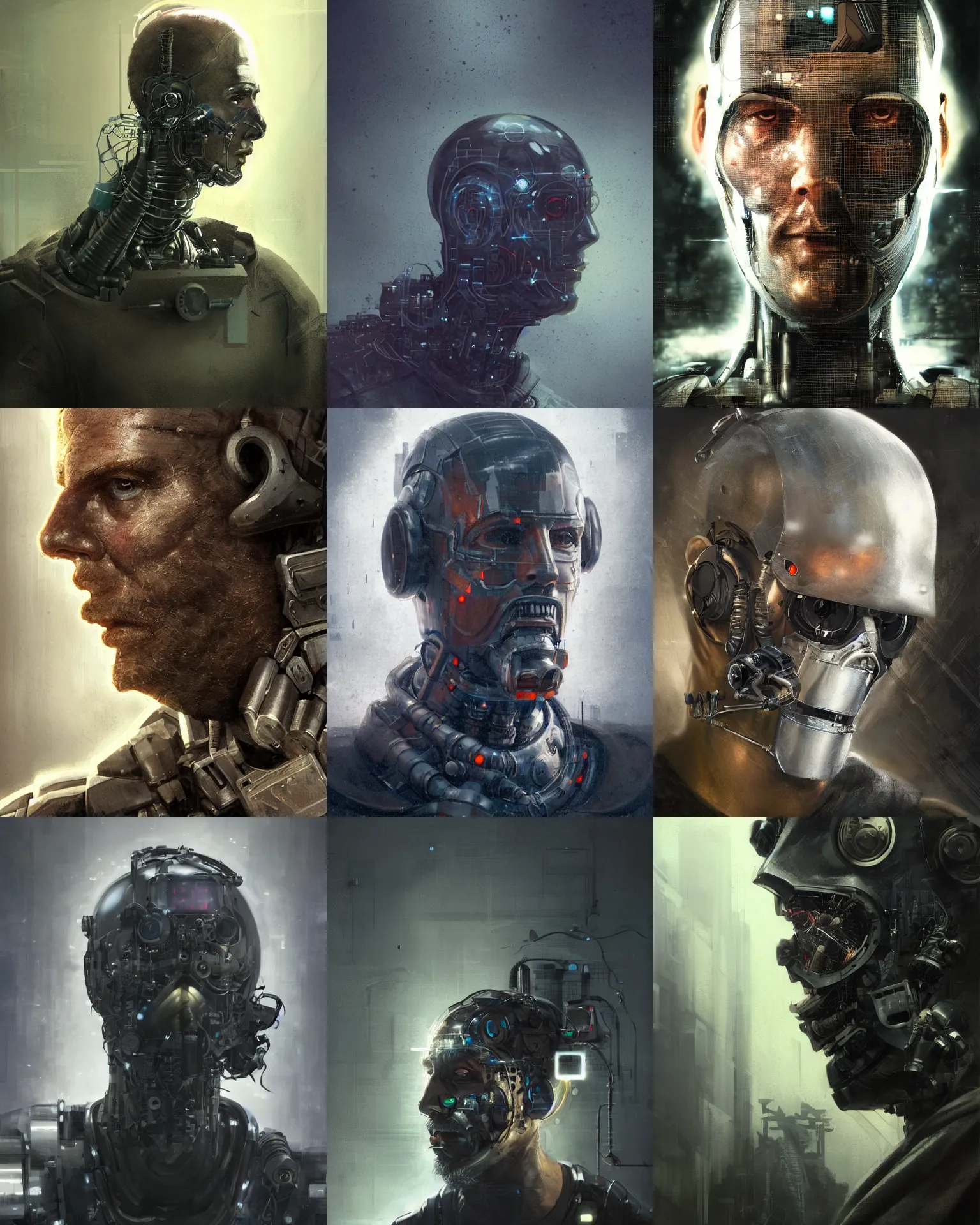 Prompt: a half - masked rugged laboratory engineer man with cybernetic enhancements as seen from a distance, cyber scifi character portrait by greg rutkowski, esuthio, craig mullins, 1 / 4 headshot, cinematic lighting, dystopian scifi gear, gloomy, profile picture, mechanical, cyborg, half robot, implants, dieselpunk