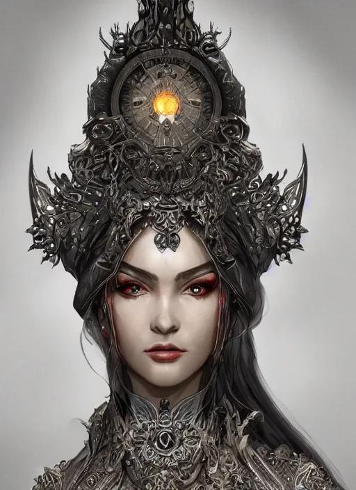 Prompt: a highly detailed character portrait of a female mage radiating dark power, ornate silver robes, intricate, digital painting, artstation, intricate, concept art, smooth, sharp focus, illustration, deep vibrant colors