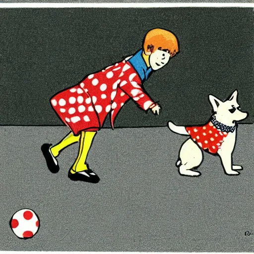 Image similar to illustration of french boy on the streets of paris playing football against a corgi, the dog is wearing a polka dot scarf, comic, 1 9 7 2