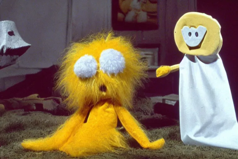 Prompt: a color still from a weird 1972 kids tv show where a sad cheese puppet and a furry ghost have a tickle party with death tent