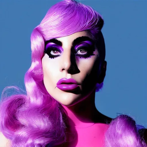 Prompt: lady gaga with pink hair wearing a purple dress, an album cover by Hedi Xandt, featured on tumblr, afrofuturism, made of rubber, made of plastic, elite