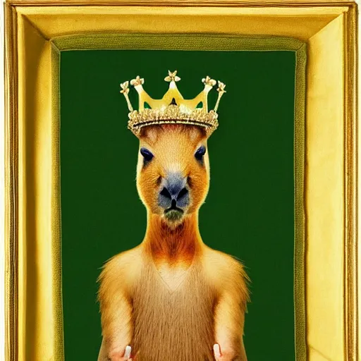 Prompt: a capybara in a crown dress on his head, wearing a long green silk balenciaga, portrait, 1 4 th century style, realistic,