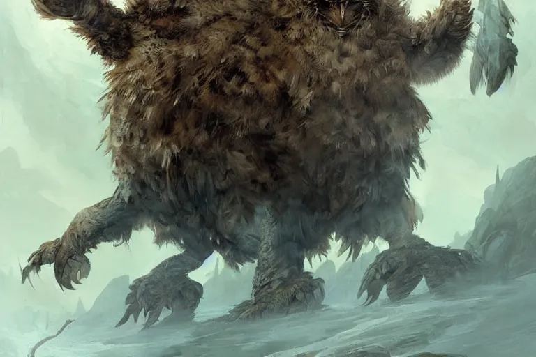 Prompt: An awesome painting of an intimidating large owlbear encounter, video game concept art by Jean Baptiste Monge, Brian Froud, Wizards of the Coast, Magic The Gathering, Blizzard, Games Workshop, Greg Rutkowski, Craig Mullins, WETA, Elder Scrolls.