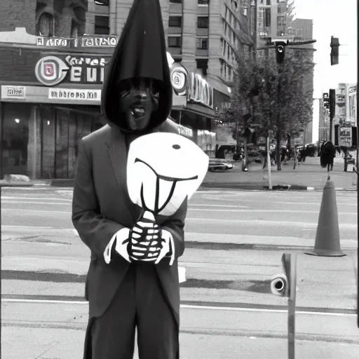 Image similar to jarvis conehead 1980s street performer film