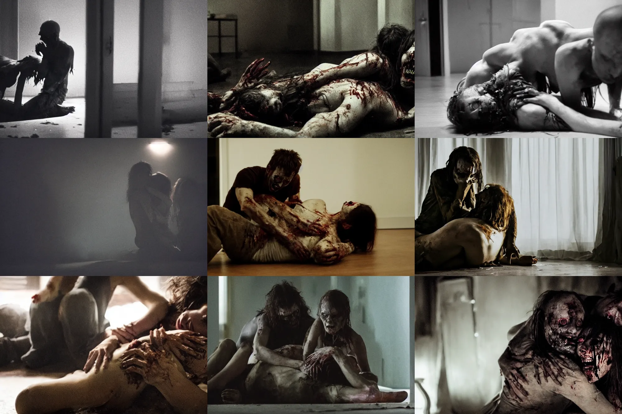 Prompt: close up of zombie man devouring a woman sitting on the floor while hugging each other in the darkness, eerie living room of a modern house, night, a filmic shot by david fincher, ridley scott and denis villeneuve