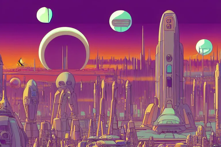 Prompt: a scifi illustration, Galactic City on Coruscant. flat colors, limited palette, heavy line work in FANTASTIC PLANET La planète sauvage animation by René Laloux