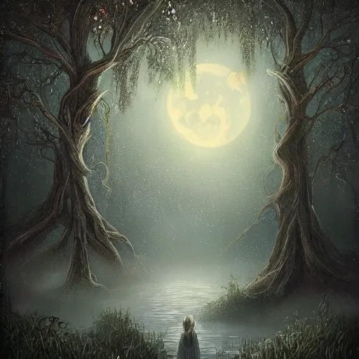 Image similar to an ultra detailed painting of a fantasy forest at night, nestled in a riverbank is gigantic ancient tree with a water sprite in a beautiful white dress sitting on the lowest bough, the moon can be seen through the trees and is veiled by fog, fog obscures the background, midnight, dark fantasy