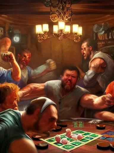 Prompt: half dozen guys brawling in a tavern. caotic fight, poker cards and chips flying. intricate, elegant, highly detailed, digital painting, artstation, concept art, sharp focus, illustration, by justin gerard and artgerm, 8 k