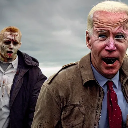 Image similar to a still shot from the movie 28 days later, with infected Joe Biden and Ethan Van Sciver zombies