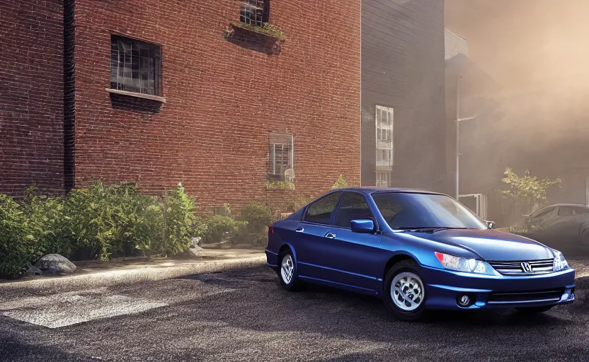 Prompt: blue 2 0 0 3 honda accord parked near a grey brick garage at sunrise, oil puddle under car, concept art, octane render, unreal engine 5, trending on artstation, high quality, 8 k, soft lighting, path traced, hyperrealistic, highly detailed, digital art, symmetrical, cinematic, high coherence, godrays