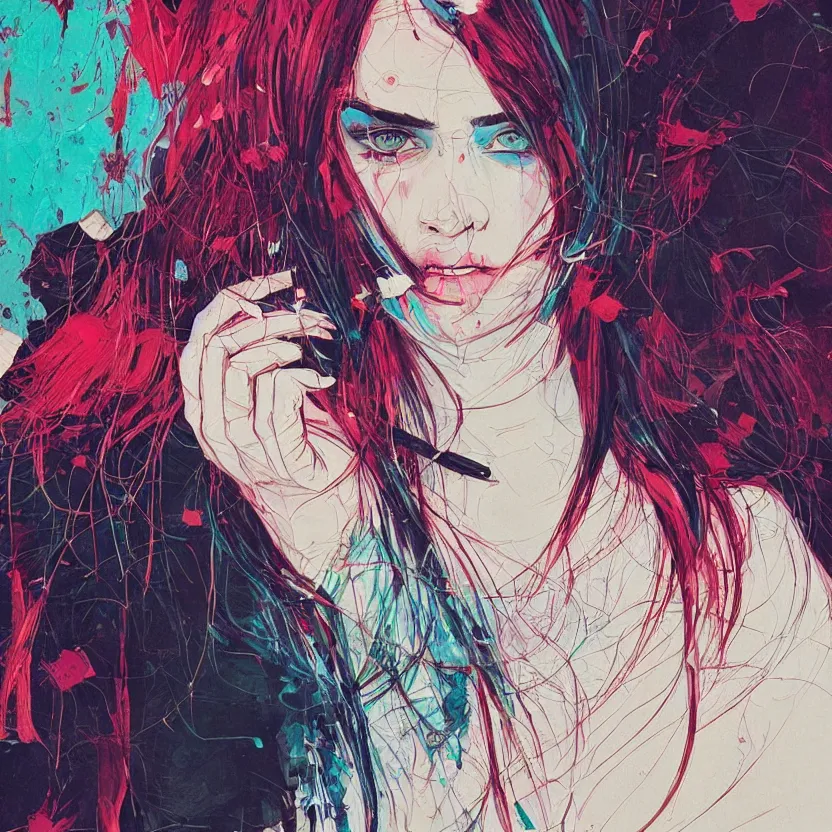 Prompt: close up portrait painting of a female dressed in nineties street styling, concept art, intricate details, highly detailed, aesthetically pleasing colors, art by conrad roset