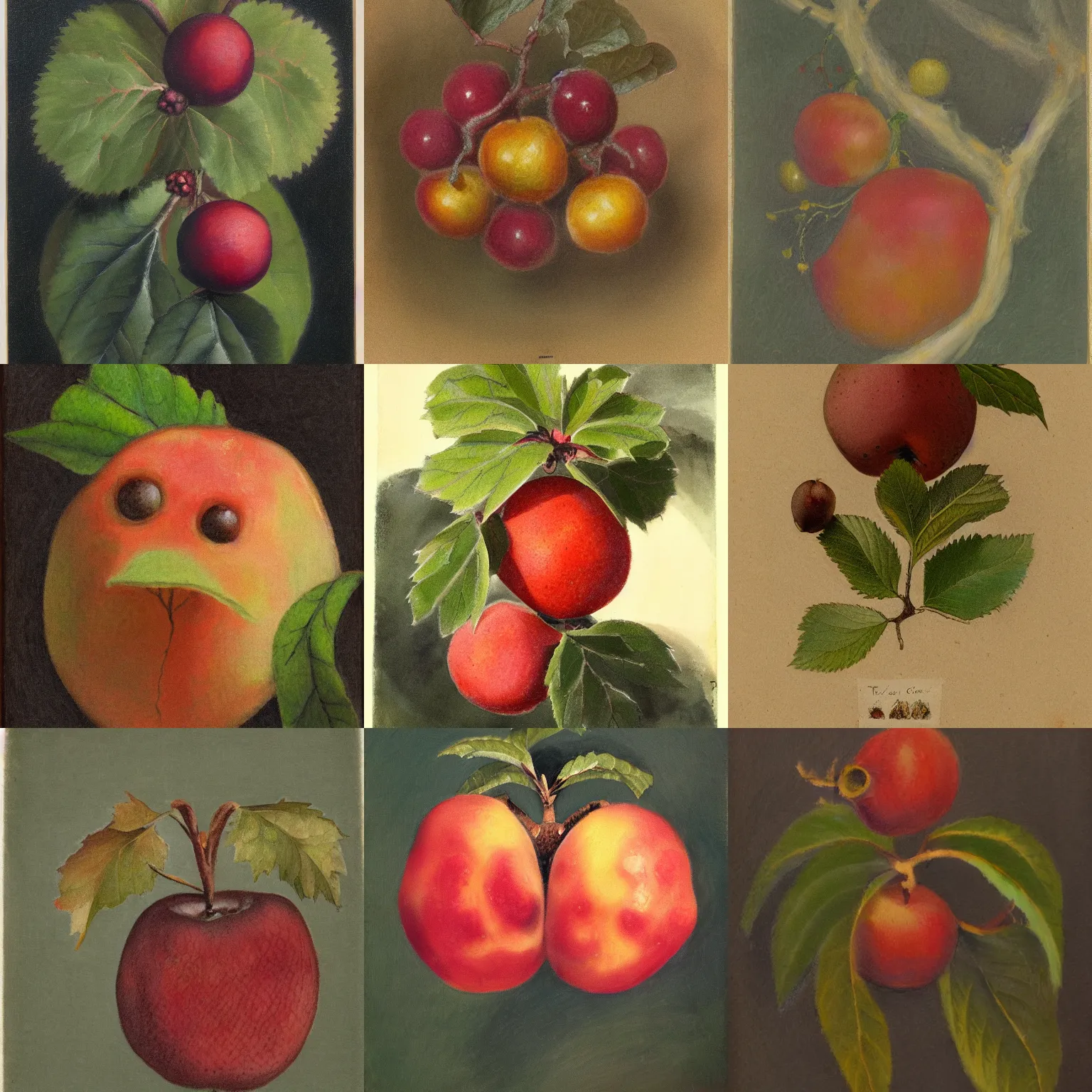 Prompt: tonalist portrait of crataegus fruit creature