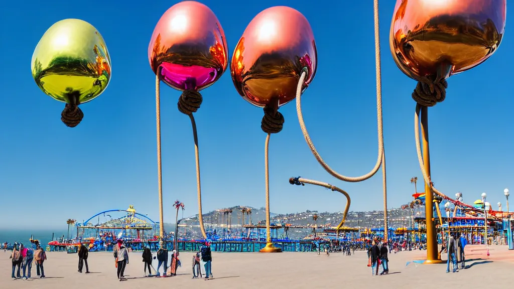 Prompt: large colorful futuristic space age metallic steampunk balloons with pipework and electrical wiring around the outside, and people on rope swings underneath, flying high over the beautiful santa monica pier city landscape, professional photography, 8 0 mm telephoto lens, realistic, detailed, photorealistic, photojournalism