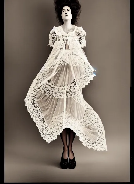 Prompt: a full body portrait of a woman by justin ridler wearing an intricate billowing doily dress, face in the style of irakli nadar