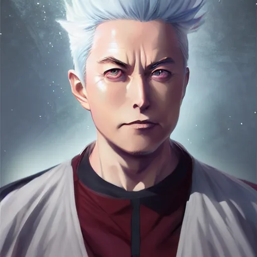 Image similar to anime portrait of old elon musk as an anime boy, white hair, by Stanley Artgerm Lau, WLOP, Rossdraws, James Jean, Andrei Riabovitchev, Marc Simonetti, and Sakimichan, trending on artstation