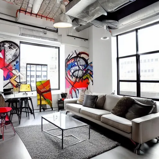 Image similar to trendy downtown loft with modern murals on the wall, modern art and patterns, interior design, beautiful architecture