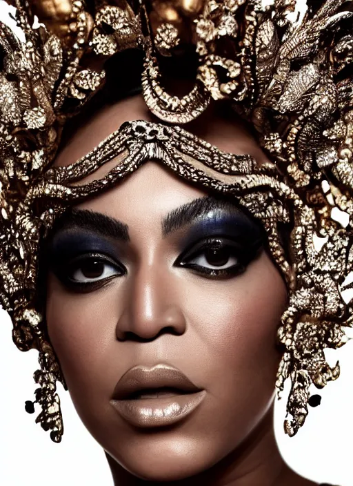 Prompt: photograph of beyonce styled by nick knight posing, intricate headpiece, showstudio, face close up, vogue magazine, 2 0 2 0, canon, highly realistic. high resolution. highly detailed. dramatic. 8 k. 4 k. zeiss lens, canon eos, cinematic lighting, photography, film still