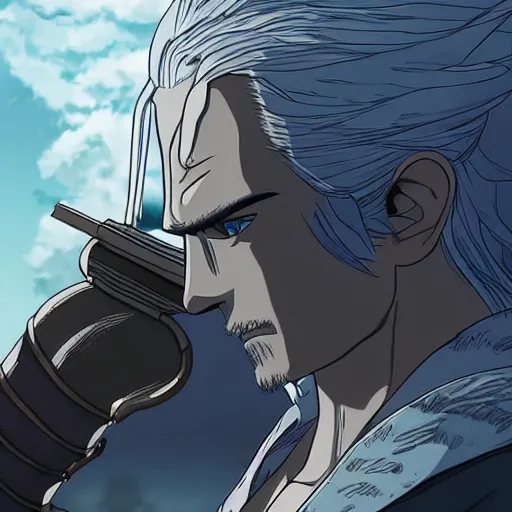 Image similar to well drawn illustartion of Anime geralt of rivia examining a sleeping dragon wide angle sharp fine details in the style of studio ghibli realistic shaded lighting