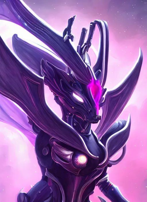 Image similar to cinematic full body, cosmic sized beautiful stunning giant robot mechan hot female dragon goddess, sharp sleek cyborg dragon head, sharp metal ears, smooth purple eyes, smooth fuschia skin, smooth silver armor, nebula, epic proportions, epic scale, macro furry, furry art, dragon art, goddess art, giantess art, warframe, warframe fanart, furaffinity, octane