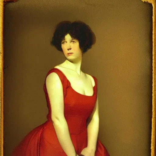 Prompt: an elegant girl in a liminal abandoned room, red and gold, old polaroid by goya, by michelangelo, digital painting, jugendstil, art noveau, strong lights, flat colors, pastel colors,