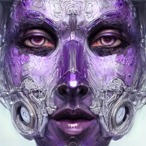 Image similar to Very very very very highly detailed epic central composition portrait of face with venetian mask, purple, intricate, dystopian, sci-fi, extremely detailed, digital painting, artstation, concept art, smooth, sharp focus, illustration, intimidating lighting, incredible art by Tokujin Yoshioka and Anton Pieck