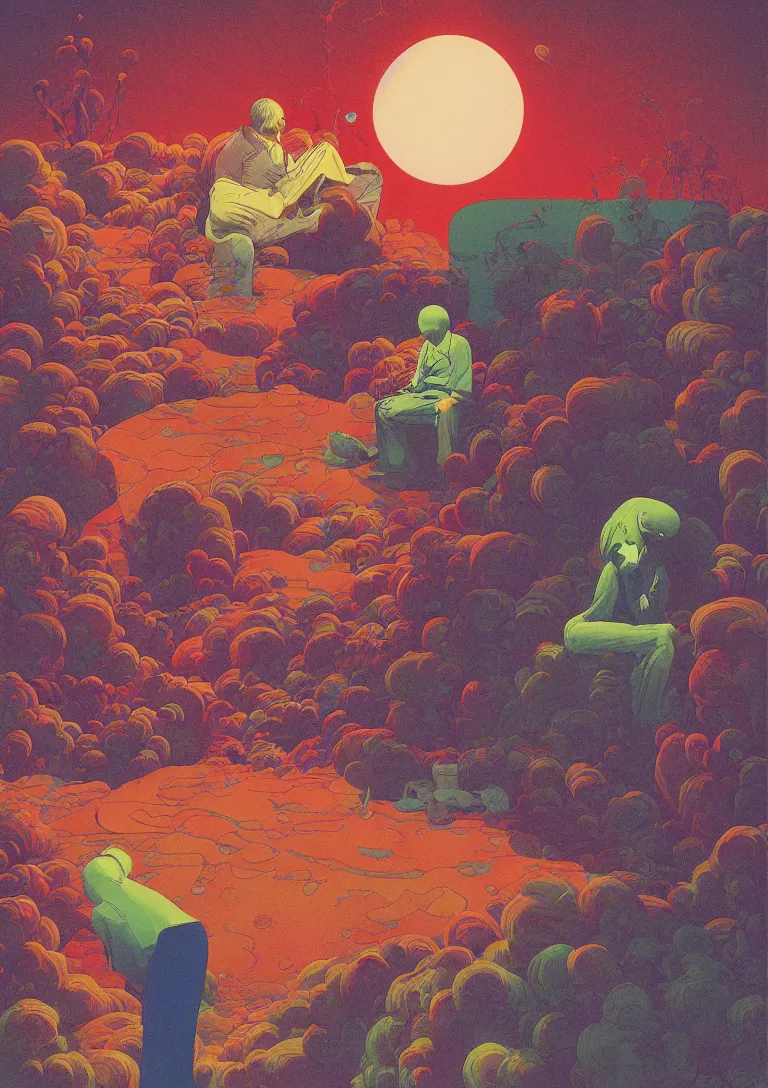 Prompt: a man licks LSD acid melting into a surreal psychedelic hallucination, screenprint by kawase hasui, moebius, Edward Hopper and James Gilleard, Zdzislaw Beksinski, Steven Outram colorful flat surreal design, hd, 8k, artstation