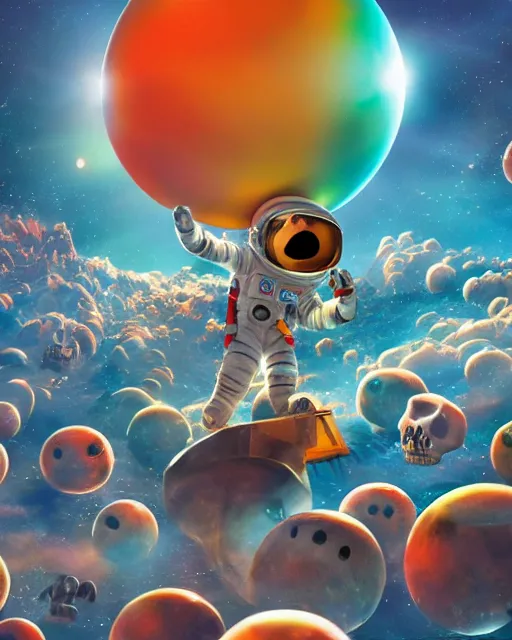 Prompt: Happy Astronaut Dog discovers The Planet of Bones, whimsical render, Pixar animation, movie still, 4k, 3d render, bold colors, wide angle