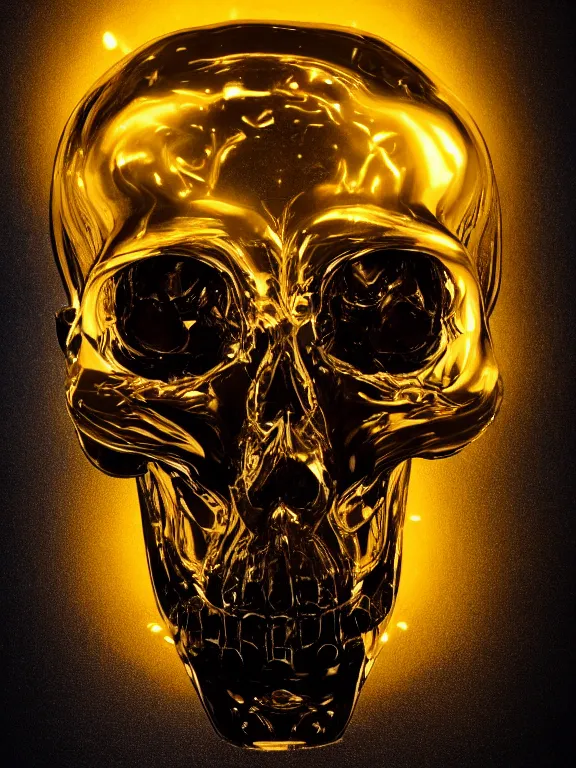 Image similar to photograph of a cyborg skull, glowing technical parts, golden fluid dripping down, studio lighting, 4k