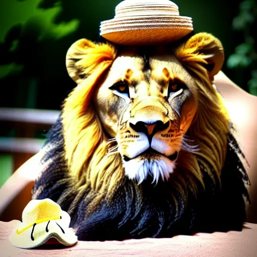 Image similar to lion at the zoo wearing a hat