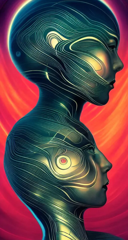 Prompt: art deco close up portait of head surrounded by spheres, like a dream digital painting curvalinear clothing cinematic dramatic fluid lines otherworldly vaporwave interesting details epic composition by artgerm