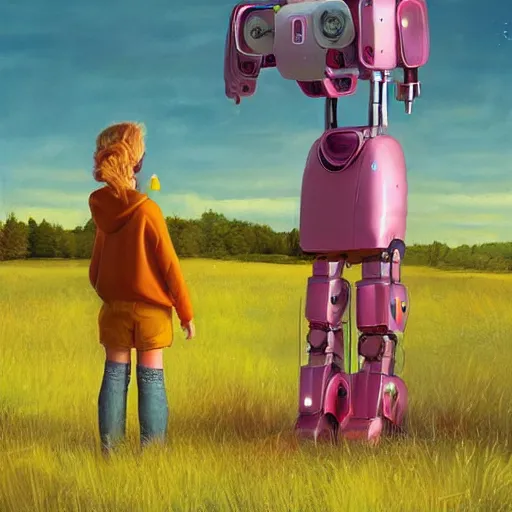 Image similar to a young girl and her tall humanoid robot going on a trip together, in a field, detailed, cinematic, cinematic lighting, by Simon Stalenhag