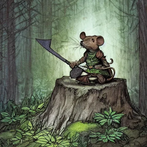 Image similar to Mouse Guard sits on a stump holding a sword, in deep forest, by rivuletpaper, rivuletpaper art, Mouse Guard by David Petersen, mouse photo, small details, realistic illustration, illustrations by irish fairy tales james stephens arthur rackham