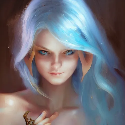 Prompt: beautiful elf woman, long flowing light blue hair, golden eyes, beautiful features, portrait, painting by alphonse muca, greg ruthowski, craig mullins, ruan jia, wlop, very beautiful and detailed, artstation, high quality