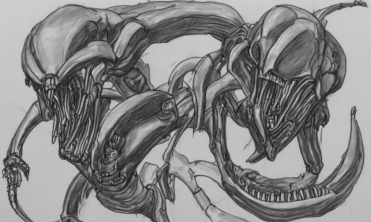Prompt: a rough sketch of one xenomorph drawn by a 4 year old kid