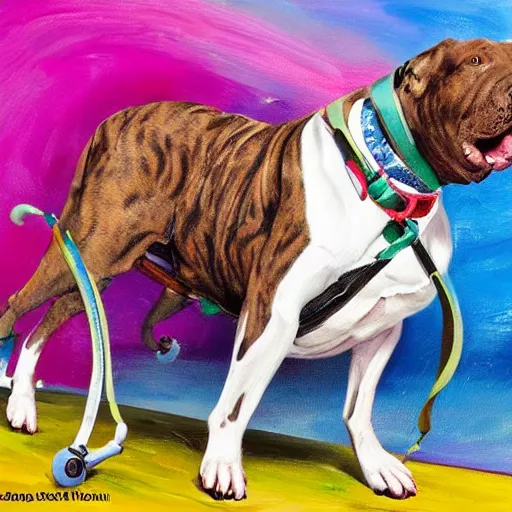 Image similar to pitbull with brindle coat and white paws and white chest on rollerblades. painting. oil painting. fun. energetic. colorful.