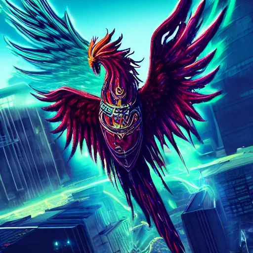 Image similar to ((((((GTA Cover art)))))): Extraterrestrial Phoenix Soul Redeemer, cyberpunk, Hyper-detailed cybernetic Phoenix-God, ArtStation, 4k, epic, phenomenally aesthetic, bright, rich and gaudily