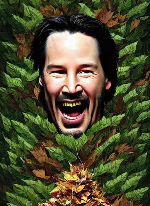 Prompt: highly detailed comedy caper movie poster with silly wacky zany keanu reeves as a sentient pile of leaves, keanu reeves green face as a sentient leafy bush by greg rutkowski, masterpiece, really funny, 1 0 / 1 0 comedy