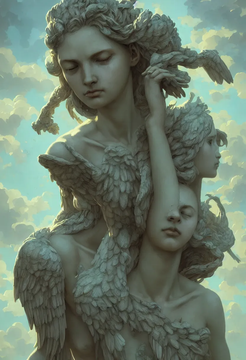 Image similar to beautiful very extreme closeup portrait, weeping angels, angel of grief, stone statues, unreal engine, greg rutkowski, loish, rhads, beeple, tom bagshaw, alphonse mucha, global illumination, detailed and intricate environment