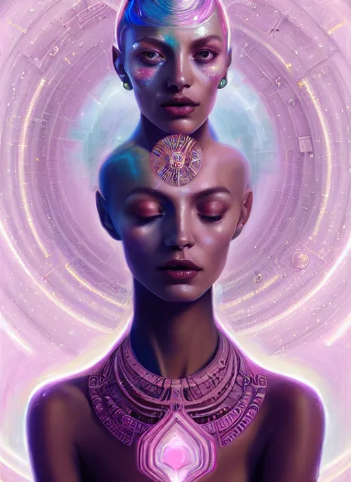 Image similar to porttait of a beautiful celestial Aztec pearlescent interstellar Goddess wearing a futuristic slim dress exposed in cryo chambers by James Jean, pink and white theme, captivating, intricate, elegant, highly detailed, centered, digital painting, artstation, concept art, smooth, sharp focus, illustration, by Peter Mohrbacher, WLOP