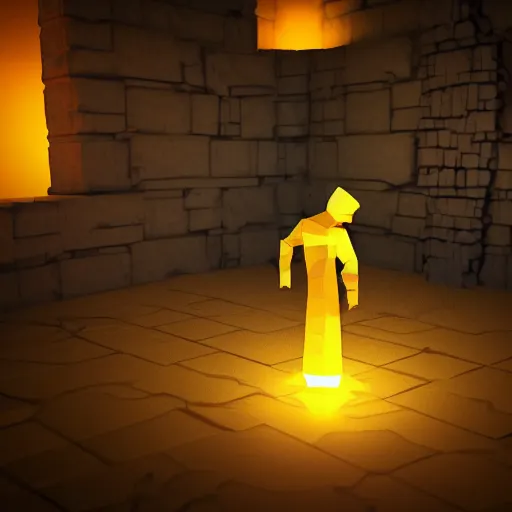 Prompt: a man holds a torch and explores a Dungeon, luminous, low poly