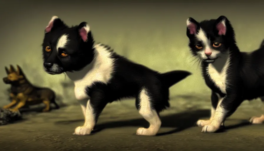 Image similar to a tropical dog dog kitten in the style of francisco goya, 4 k resolution, in skyrim videogame, bethesda skyrim npc, unreal engine render