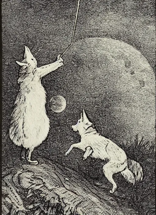 Image similar to howling at the moon, illustrated by peggy fortnum and beatrix potter and sir john tenniel