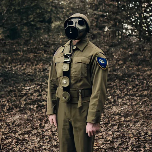 Image similar to a Fox dressed in a modern American military soldier uniform with gas mask, 85mm f/1.4