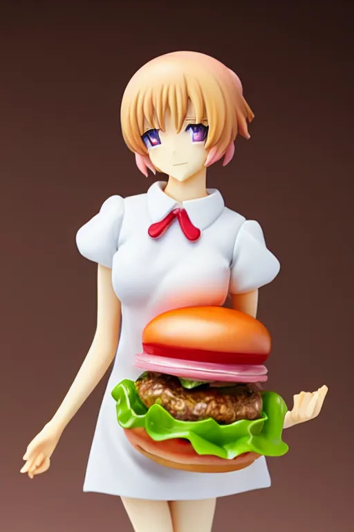 Image similar to figurine of hamburger wearing an elegant summer blouse, personification, official store photo, commercial photo, featured on amiami, lovecraftian, 8 k, 8 5 mm, beautiful composition