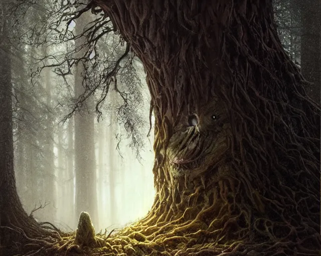 Image similar to a talking oak tree, huge face in the bark, eyes in the bark, mouth in the bark, horror concept art, sharp teeth, digital painting, oil painting, hyperrealistic, treebeard, ent, undead, fantasy monster, moonlight, in the forest, by greg rutkowski